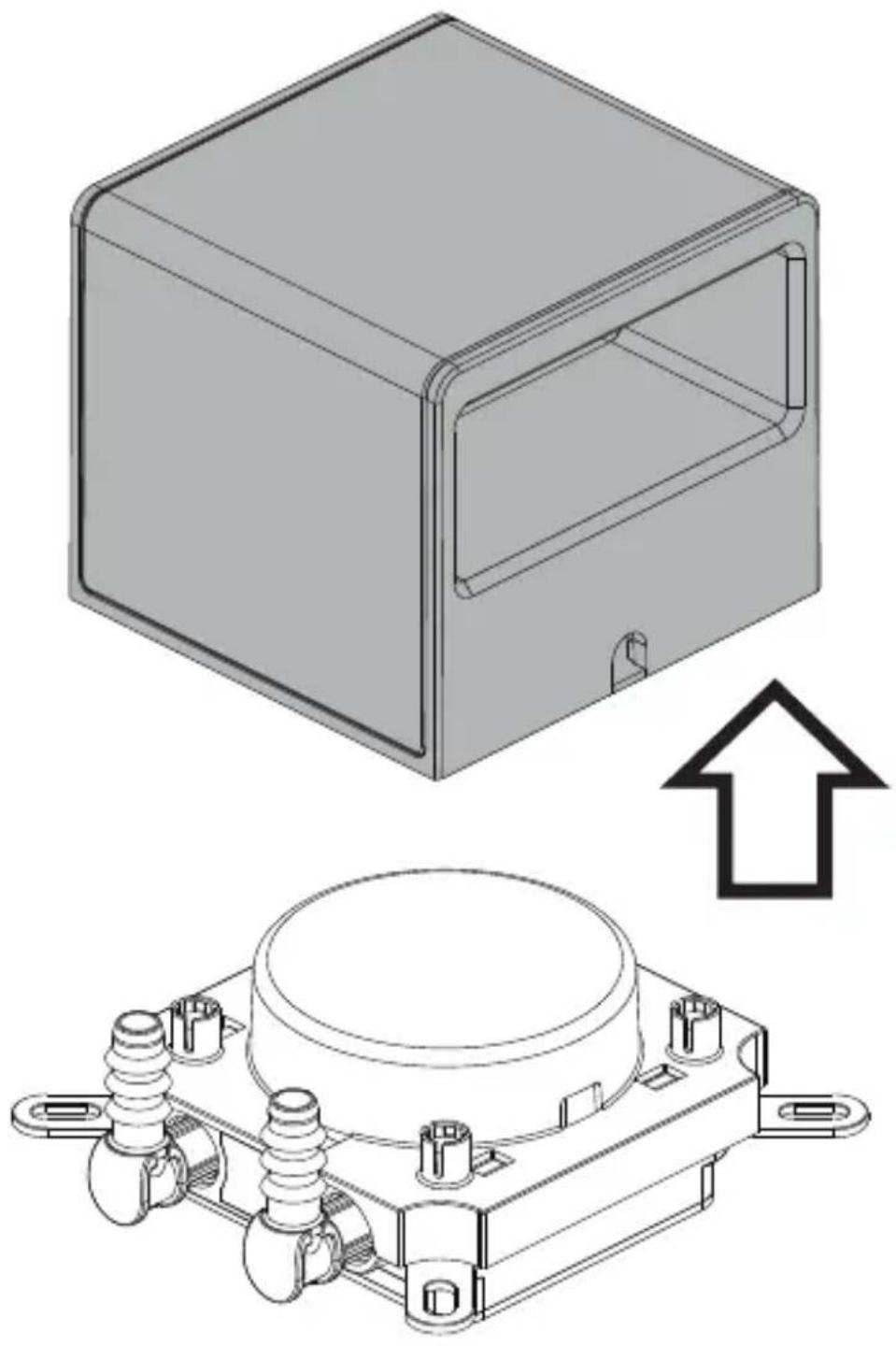 Technical illustration of a mechanical enclosure and its electrical component, showing internal structure and mounting base (no text or symbols)