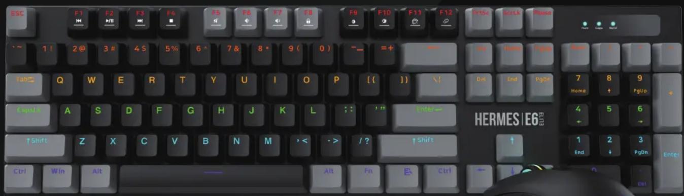 ESC F1 F2 F3 F4 F5 F6 F7 F8 F9 F10 F11 F12 IntSe ScrLk Playa ~ 1 ! 2 @ 3 # 4 $ 5% 6 ^ 7 & 8 * 9 ( 0 ) - _ =+ ~- Tab Q W E R T Y U I O P [ { ] } \! Capix A S D F G H J K L ; : , " Enter - ↑ Shift Z X C V B N M , < . > / ? ↑ shift Ctrl Win Alt Alt Fn Ctrl + ↓ End Ctrl HERMES IE6 Enter Home 7 8 9 Home ↑ PgUp 4 5 6 ← + 1 2 3 End ↓ PgOn Enter