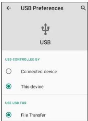 USB Preferences USB USB CONTROLLED BY Connected device This device USE USB FOR File Transfer