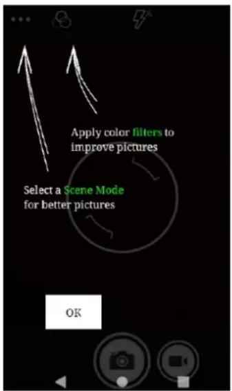 Apply color filters to improve pictures Select a Scene Mode for better pictures OK