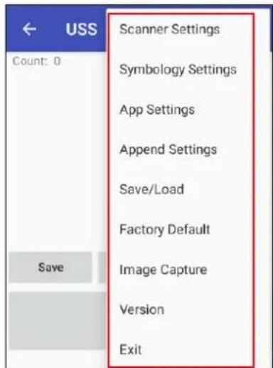 USS Count: 0 Save Scanner Settings Symbology Settings App Settings Append Settings Save/Load Factory Default Image Capture Version Exit