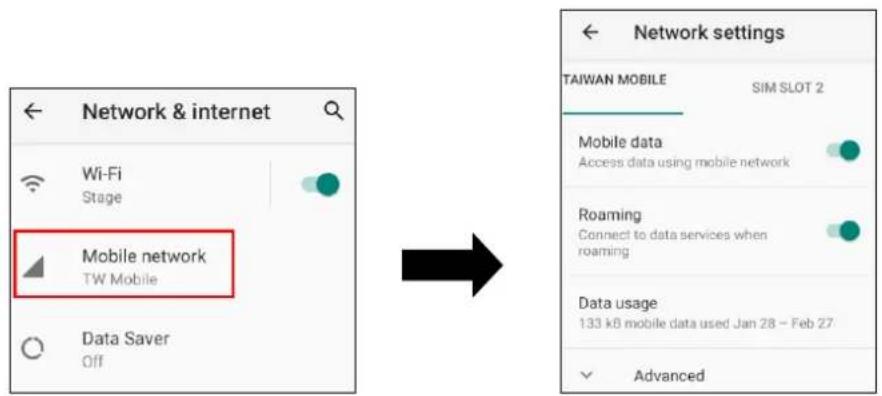 Network & internet Wi-Fi Stage Mobile network TW Mobile Data Saver Off Network settings TAIWAN MOBILE SIM SLOT 2 Mobile data Access data using mobile network Roaming Connect to data services when roaming Data usage 133 kB mobile data used Jan 28 – Feb 27 Advanced