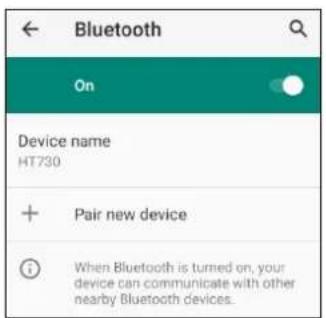 Bluetooth On Device name HT730 + Pair new device When Bluetooth is turned on, your device can communicate with other nearby Bluetooth devices.