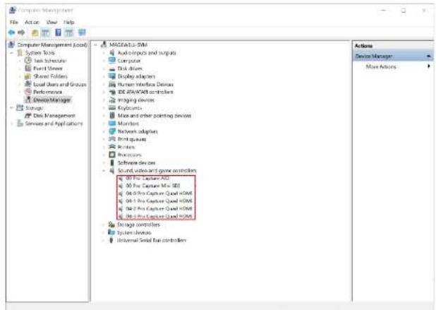 Computer Management File Action View Help Computer Management (Local) System Tools Test Schedule Forest Viewers Shared Folders Local Users and Groups Performance Device Manager Storage Data Management Services and Applications MASCATELL-SVM Audio-Inputs and Outputs Computer Disk Access Display adapters Human Interface Devices IDE APA/ART controllers Routing devices Keyboards Misc and other pointing devices Monitors Network adapters Print sheets Images Applications Software devices Sound video and game controllers 00 Pro Capture Quad 00 Pro Capture Quad HDM 00 Pro Capture Quad HDM 00 Pro Capture Quad HDM 00 Pro Capture Quad HDM Storage controllers System devices Universal Serial Bus controllers