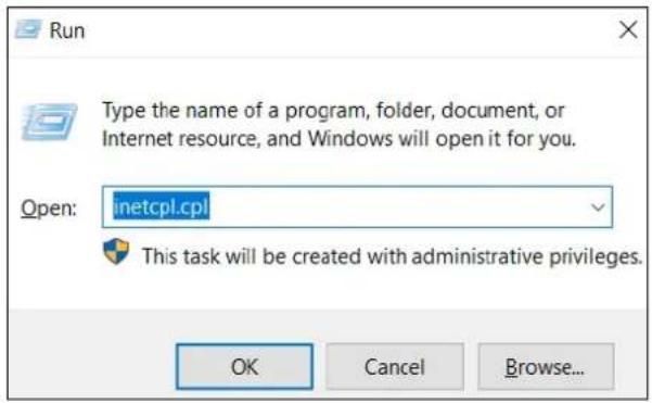 Run Type the name of a program, folder, document, or Internet resource, and Windows will open it for you. Open: inetcpl.cpl This task will be created with administrative privileges. OK Cancel Browse...