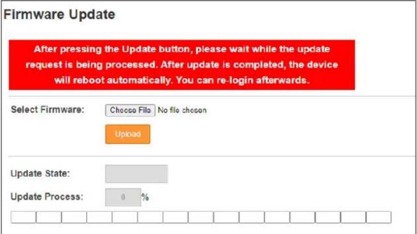Firmware Update After pressing the Update button, please wait while the update request is being processed. After update is completed, the device will reboot automatically. You can re-login afterwards. Select Firmware: Choose File No file chosen Upload Update State: Update Process: 0 %