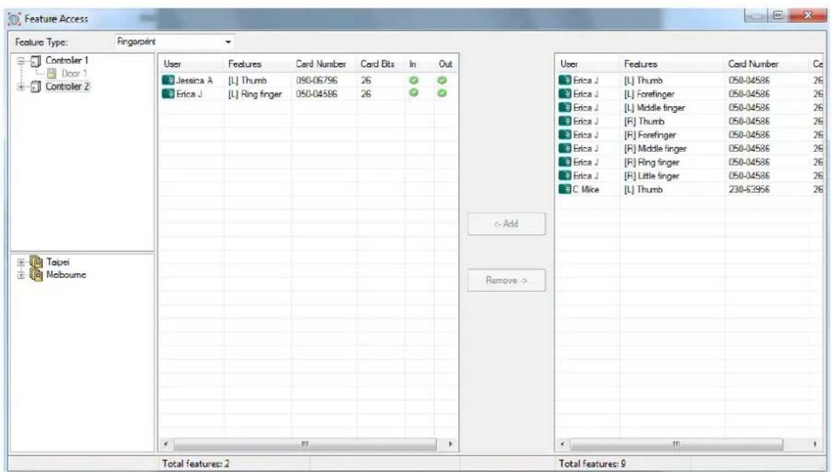 Feature Access Feature Type: Fingerprint Controller 1 Door 1 Controller 2 User Features Card Number Card Bits In Out Jessica A [L] Thumb 090-06796 26 Erica J [L] Ring finger 050-04586 26 User Features Card Number Ce Erica J [L] Thumb 050-04586 26 Erica J [L] Forefinger 050-04586 26 Erica J [L] Middle finger 050-04586 26 Erica J [F] Thumb 050-04586 26 Erica J [F] Forefinger 050-04586 26 Erica J [F] Middle finger 050-04586 26 Erica J [F] Ring finger 050-04586 26 Erica J [F] Little finger 050-04586 26 C Mice [L] Thumb 230-63956 26 Taipei Melbourne Total features: 2 Total features: 9