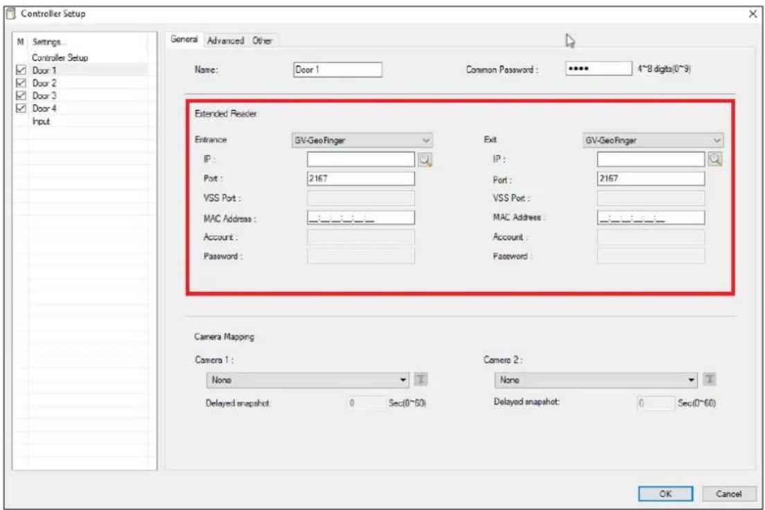Controller Setup M Settings... Controller Setup Door 1 Door 2 Door 3 Door 4 Input General Advanced Other Name: Door 1 Common Password: **** 4~8 digits(0~9) Extended Reader Entrance GV-Geo Finger Exit GV-GeoFinger IP: Port: 2167 Port: 2167 VSS Port: MAC Address: MAC Address: Account: Password: Camera Mapping Camera 1: None Camera 2: None Delayed snapshot 0 Sec(0~60) Delayed snapshot: 0 Sec(0~60) OK Cancel