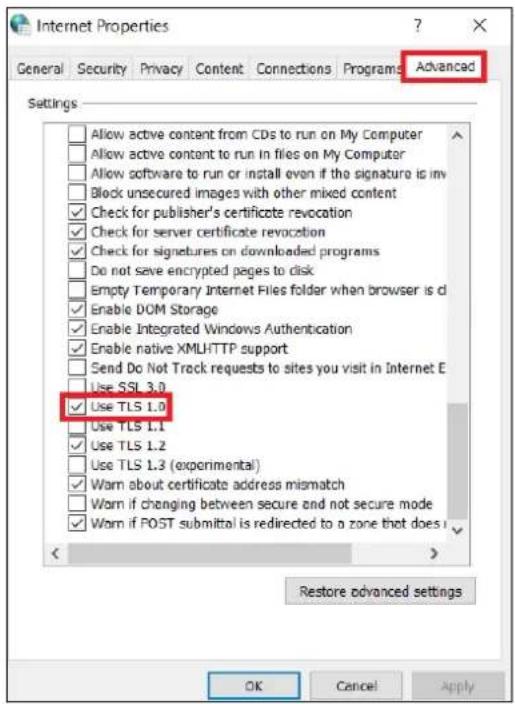 Internet Properties General Security Privacy Content Connections Programs Advanced Settings Allow active content from CDs to run on My Computer Allow active content to run in files on My Computer Allow software to run or install even if the signature is imv Block unsecured images with other mixed content Check for publisher's certificate revocation Check for server certificate revocation Check for signatures on downloaded programs Do not save encrypted pages to disk Empty Temporary Internet Files folder when browser is d Enable DOM Storage Enable Integrated Windows Authentication Enable native XMLHTTP support Send Do Not Track requests to sites you visit in Internet E Use SSL 3.0 Use TLS 1.0 Use TLS 1.1 Use TLS 1.2 Use TLS 1.3 (experimental) Warn about certificate address mismatch Warn if changing between secure and not secure mode Warn if POST submittal is redirected to a zone that does Restore advanced settings OK Cancel Apply