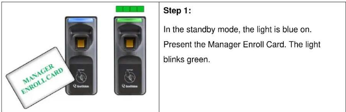 MANAGER ENROLL CARD Step 1: In the standby mode, the light is blue on. Present the Manager Enroll Card. The light blinks green.