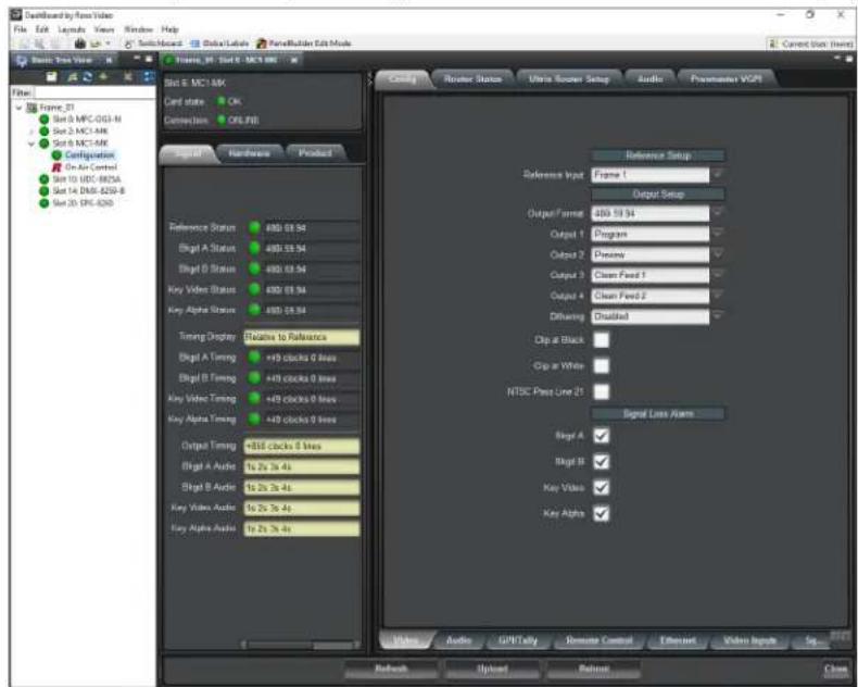 Backloaded by Free Video File Edit Layout View Window Help Solid-Mode GlobalLab Chain Build Mode Basic Tree Value File: Frame 21 Set 0 MPC-DDS-M Set 3 MC1-MK Set 6 MC1-MK Configuration On Air Control Set 10 USD-885A Set 14 DNS-825B Set 20 EPG-820B Bit E MC1-MK Card state OK Connection OIL/FBI Source Hardware Product Reference Setup Reference Input Frame 1 Output Setup Output Format 400.59.54 Output 1 Program Output 2 Present Output 3 Clean Feed 1 Output 4 Clean Feed 2 Diffacing Disabled Cip at Black Cip at White NTDC Press Line 21 Signal Loss Alarm Bit A ✓ Bit B ✓ Key Vives ✓ Key Alpha ✓ Output Timing +400 clicks 0 lines Bit A Timing +40 clocks 0 lines Bit B Timing +40 clocks 0 lines Key Vives Timing +40 clocks 0 lines Key Alpha Timing +40 clocks 0 lines Output Timing +400 clicks 0 lines Bit A Audio 1x 2x 3x 4x Bit B Audio 1x 2x 3x 4x Key Vives Audio 1x 2x 3x 4x Key Alpha Audio 1x 2x 3x 4x Audio GPN/ally Remote Control Ethernet Video Inputs Stop... Refresh Upgrade Cancel Close