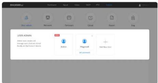 IMACEWELL User admin Network Formware Cloud Report Eng USER ADMIN Advice was create and managing users that are stored locally on the Corel devices. Action Magnoff Set password Add New User
