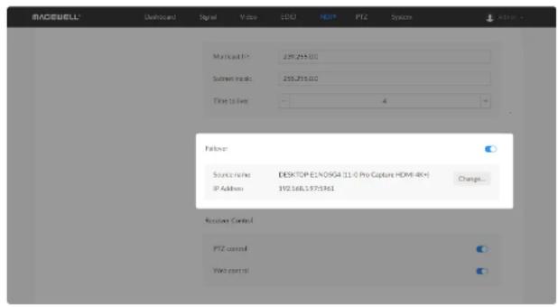 MASCHELL® Desktop Signal Video EIDU NEW PTZ System Material ID: 239.259.00 Subram mode: 235.259.00 Time to live: - 4 + Pathors Source name: DESKTOP.E1N05G4 11-0 Pro Capture HDMI-4KH Change. IP Address: 192.168.1.975361 Controller Control PTZ control Web control