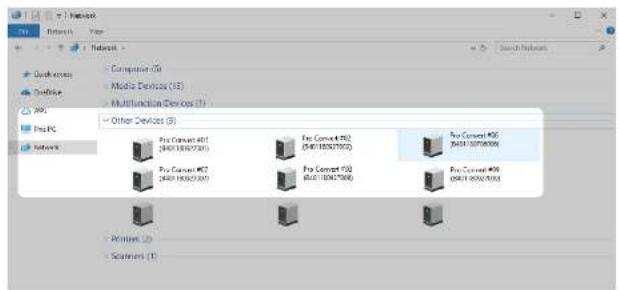 Network Network > Computer (3) Media Devices (12) Multifunction Devices (1) Pro PC Network Pro Convert 401 (0401.10027500) Pro Convert 402 (0401.10027500) Pro Convert 403 (0401.10027500) Pro Convert 404 (0401.10027500) Pro Convert 405 (0401.10027500) Pro Convert 406 (0401.10027500) Print (2) Scan (1)