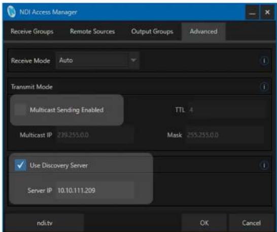 NDI Access Manager Receive Groups Remote Sources Output Groups Advanced Receive Mode Auto Transmit Mode Multicast Sending Enabled TTL 4 Multicast IP 239.255.0.0 Mask 255.255.0.0 Use Discovery Server Server IP 10.10.111.209 ndi.tv OK Cancel