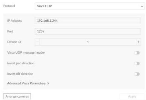 Protocol Visca UDP IP Address 192.168.1.244 Port 1259 Device ID - 1 + Visca UDP message header Invert pan direction Invert tilt direction Advanced Visca Parameters » Arrange cameras Apply