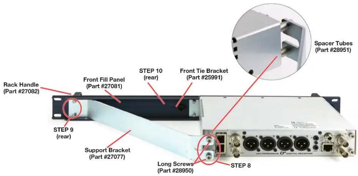 Rack Handle (Part #27082) Front Fill Panel (Part #27081) STEP 9 (rear) Support Bracket (Part #27077) STEP 10 (rear) Front Tie Bracket (Part #25991) Long Screws (Part #28950) STEP 8 SPacer Tubes (Part #28951)