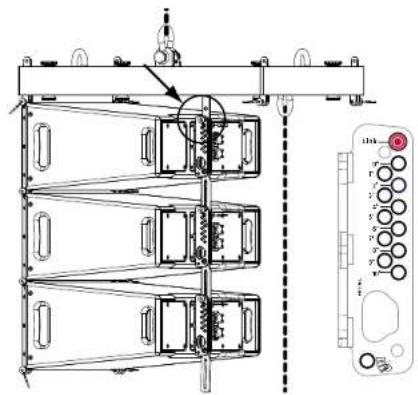 Technical diagram of a multi-level rack-mounted device with labeled components and a vertical indicator panel on the right.
