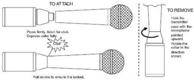 TO ATTACH Press firmly, listen for click. Depress collar fully. Click! Pull on mic to ensure it is locked. TO REMOVE Hold the transmitter case with the microphone pointed upward. Rotate the collar in the direction shown.