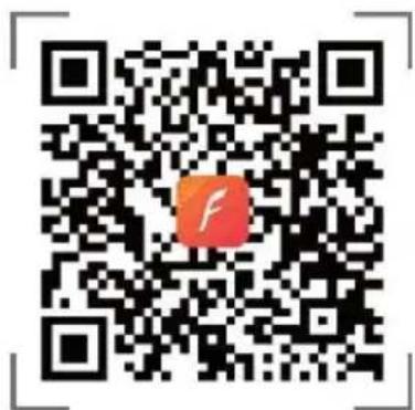 QR code with central logo containing stylized 'F' and orange gradient design