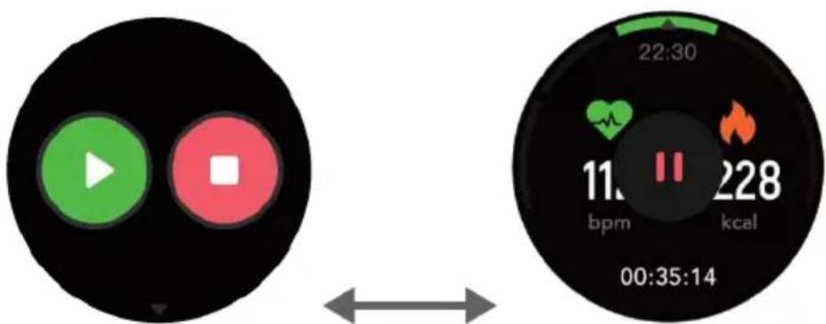 Digital health app interface showing two circular icons with play/pause and a digital clock displaying vital signs and time