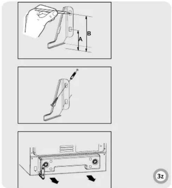 Technical diagram showing three-step assembly steps: tool insertion, cutting, and disassembly with labeled dimensions A and B.