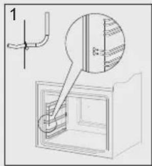 Diagram showing a pipe connection to a refrigerator with an inset close-up of the door and a magnified view of the interior.