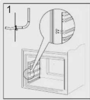Technical diagram showing a pipe connection and a magnified view of a cabinet or enclosure with labeled components.