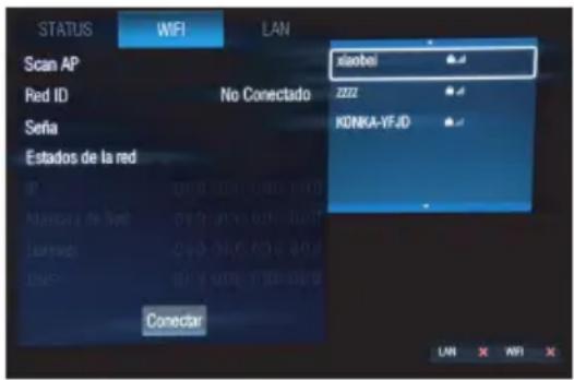 STATUS WIFI LAN Scan AP Red ID No Conectado Seña Estados de la red IP 2222 Mancara de Seo 01.0 00:00 01.0 00:00 Izorvela 01.0 01.0 01.0 01.0 LinaF 01.0 01.0 01.0 01.0 Conectar xiabei KONKA-YFJD LAN X WIFI X