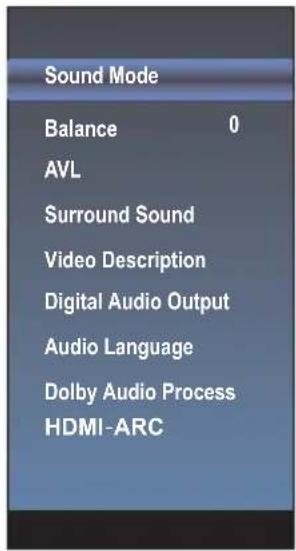 Sound Mode Balance 0 AVL Surround Sound Video Description Digital Audio Output Audio Language Dolby Audio Process HDMI-ARC