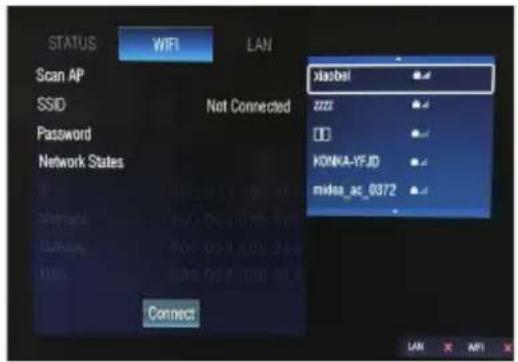 STATUS WIFI LAN Scan AP SSID Not Connected Password Network States Connect xiaotel 2222 KONNA-YFJD midea_ac_0372 LAN API