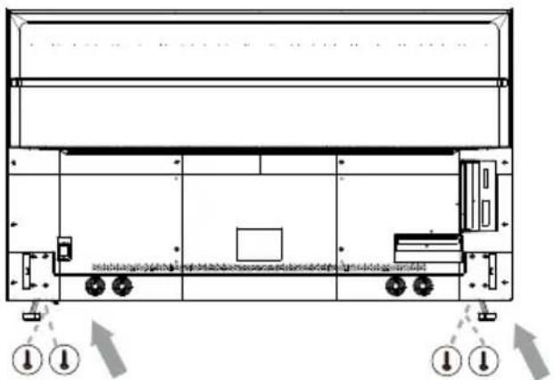 Technical diagram of a front-mounted air conditioner unit with labeled components and directional arrows indicating airflow or movement.