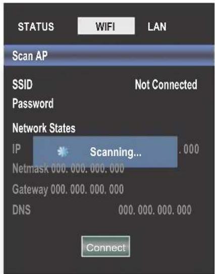 STATUS WIFI LAN Scan AP SSID Password Not Connected Network States IP Scanning... .000 Netmask 000.000.000.000 Gateway 000.000.000.000 DNS 000.000.000.000 Connect