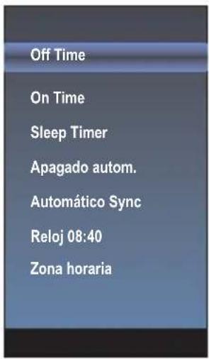 Off Time On Time Sleep Timer Apagado autom. Automático Sync Reloj 08:40 Zona horaria