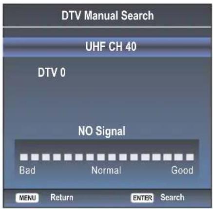 DTV Manual Search UHF CH 40 DTV 0 NO Signal Bad Normal Good MENU Return ENTER Search