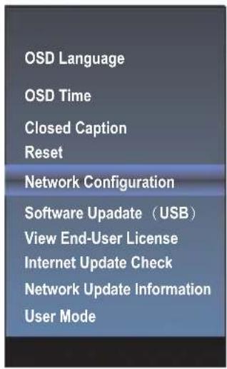 OSD Language OSD Time Closed Caption Reset Network Configuration Software Update (USB) View End-User License Internet Update Check Network Update Information User Mode
