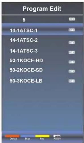 Program Edit 5 14-1ATSC-1 14-1ATSC-2 14-1ATSC-3 50-1KOCE-HD 50-2KOCE-SD 50-3KOCE-LB Delete Skip Fav Return