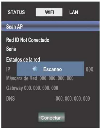 STATUS WIFI LAN Scan AP Red ID Not Conectado Seña Estados de la red IP Escaneo 000 Máscara de Red 000.000.000.000 Gateway 000.000.000.000 DNS 000.000.000.000 Conectar