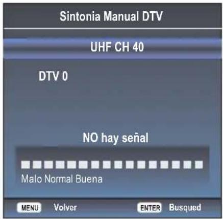 Sintonia Manual DTV UHF CH 40 DTV 0 NO hay señal Malo Normal Buena MENU Volver ENTER Busqued