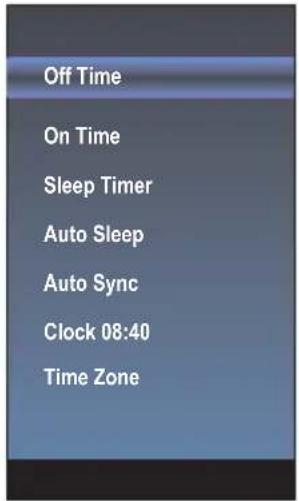 Off Time On Time Sleep Timer Auto Sleep Auto Sync Clock 08:40 Time Zone