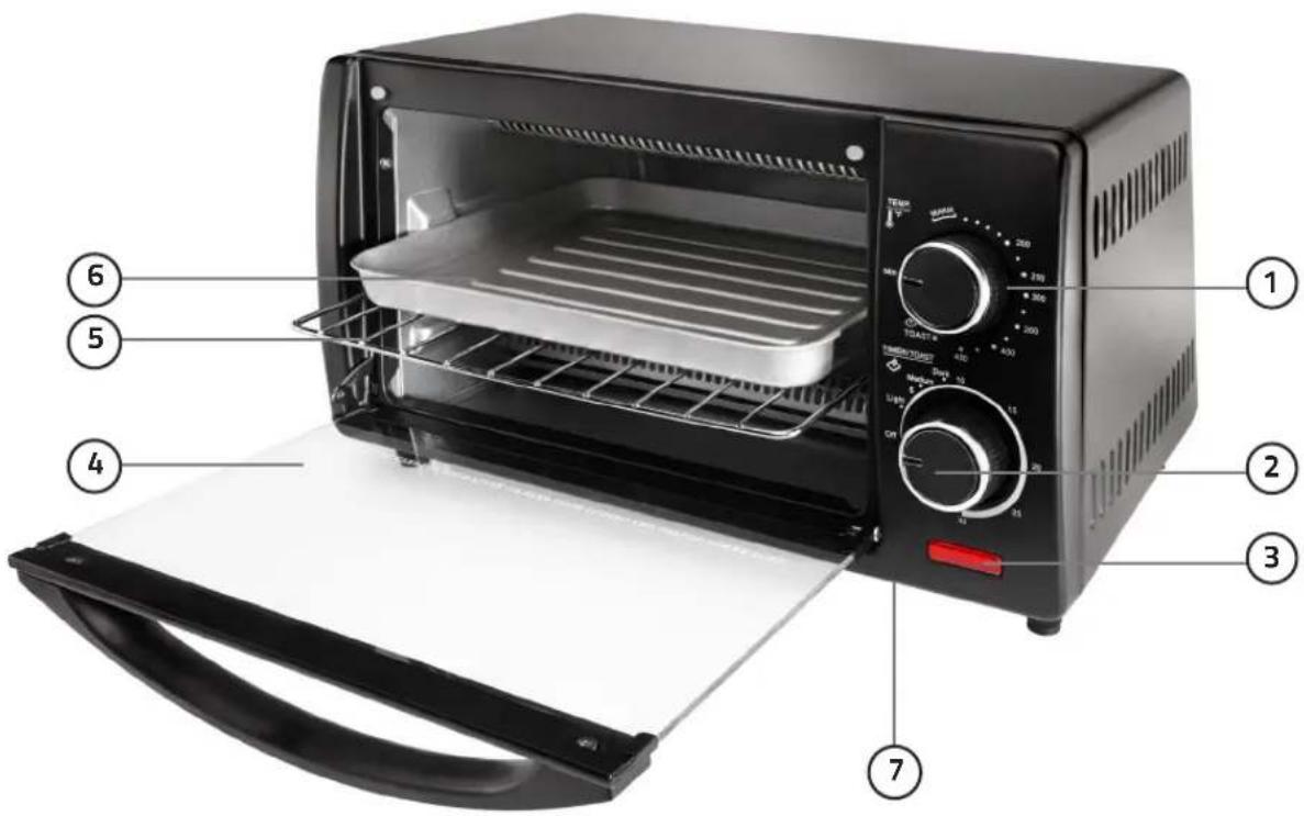 Labeled diagram of a microwave oven showing interior components and exterior view