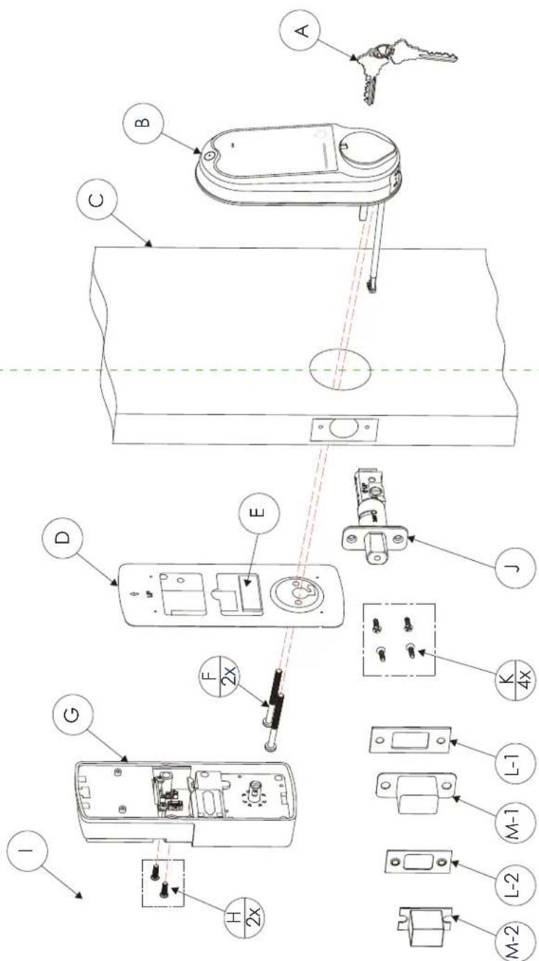 Technical diagram of a door lock system with labeled components and connection points