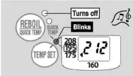 REBOIL QUICK TEMP QUICK TEMP SET Turns off Blinks 208 195 175 2:12 160