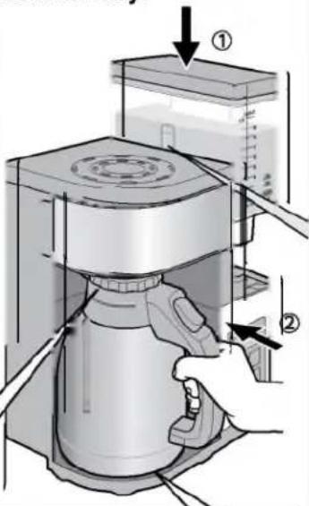 Diagram showing a hand operating a device with labeled parts and directional arrows indicating process steps.