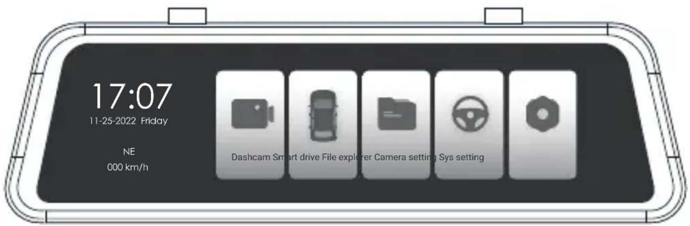 17:07 11-25-2022 Friday NE 000 km/h Dashcam Smart drive File explorer Camera setting Sys setting
