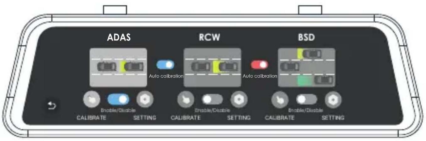 ADAS RCW BSD Enable/Disable Auto calibration Enable/Disable Auto calibration Enable/Disable CALIBRATE SETTING CALIBRATE SETTING CALIBRATE SETTING