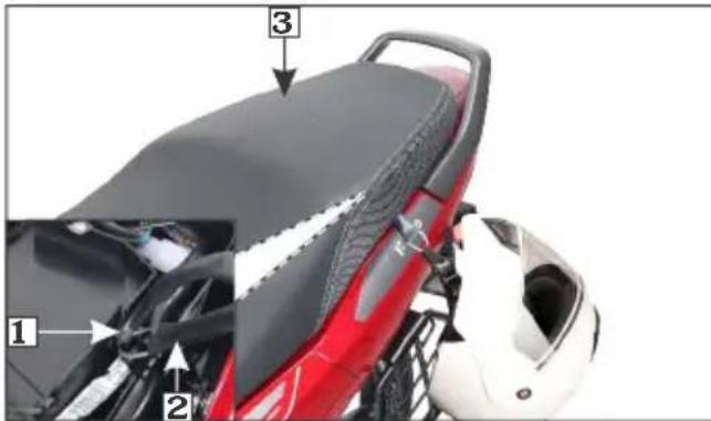 Labeled diagram of a red motorcycle seat assembly with numbered parts and component annotations