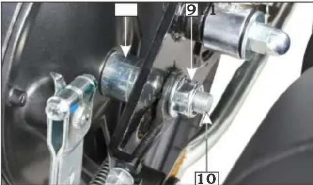 Technical diagram of a mechanical assembly with numbered components and directional arrows indicating motion or assembly.