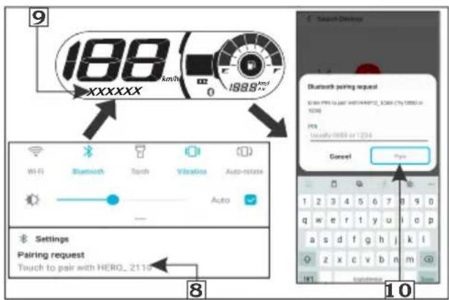 9 188 km/h 1888 km/h XXXXXX Wi-Fi Bluetooth Touch Vibration Auto-plate Settings Pairing request Touch to pair with HERO_2115 8 10 Search Devices Bluetooth pairing request USB PPP to pin WITH ARPU2_3264 (7% 100%) A KOSI Pcs Tusability: 0000 or 1234 Cancel Pcs