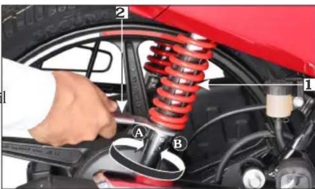 Car repair diagram showing a hand using a tool to adjust the red car wheel, labeled with parts 1 and 2.